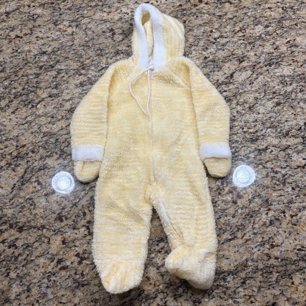 Vintage Montgomery Ward Yellow Striped Fleece Pram Suit Hooded Bunting 6-12M